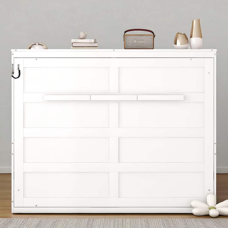 Full/Queen Size Murphy Wall Bed with Folding Cabinet, Piston Lift Mechanism, Slatted Base, Space-Saving Design