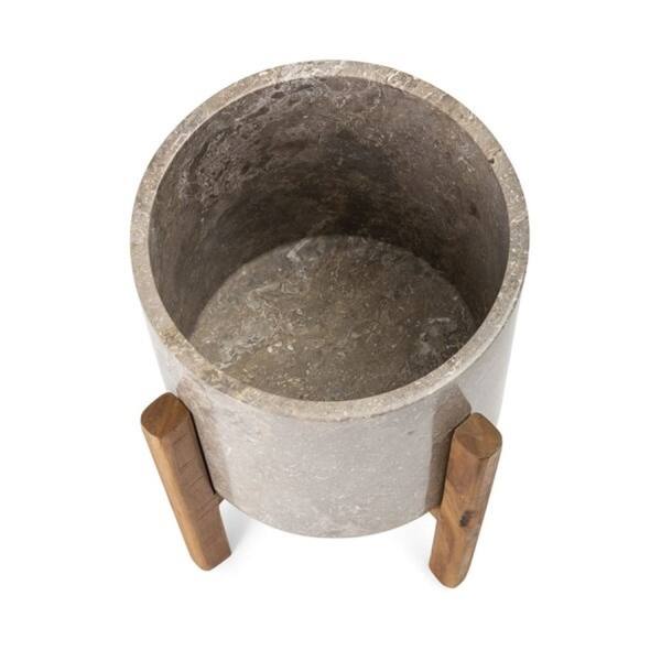 Shop Black Friday Deals On 17 Marble Cylindrical Large Planter On Teak Wood Stand On Sale Overstock 28874111
