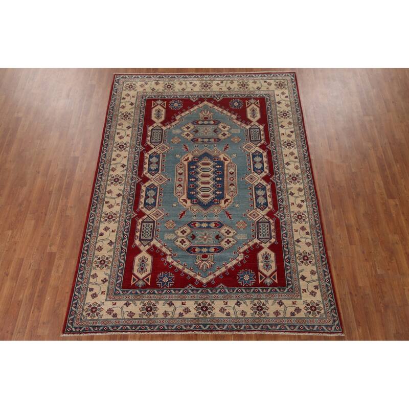 Hand Knotted Oriental 100% Wool Carpet Traditional Geometric Navy Blue & Blues Kazak Area Rug - 9' 6'' X 6' 8''