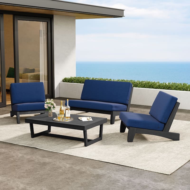 Patio 4 Pieces Teak Wood Conversation Set With Coffee Table - Navy/Black - Whole Cushion