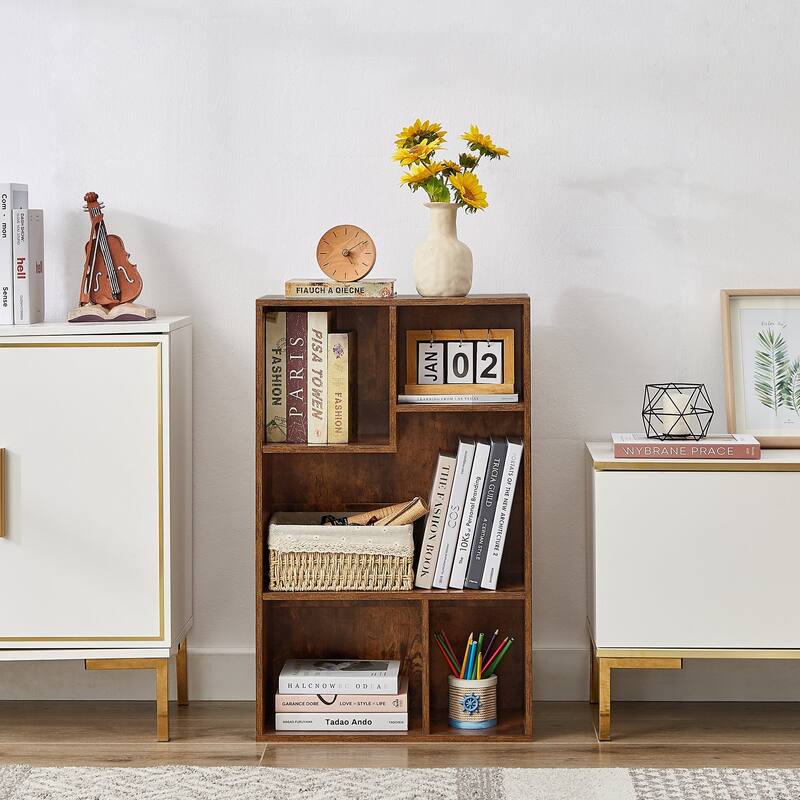 VECELO Widened Version Bookace(Set of 2), 3-Tier Five Open Cube Wooden Bookcase Organizer, Bookshelf