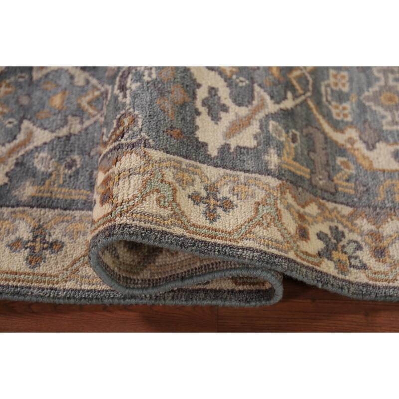 Light Blue Oushak Oriental Runner Rug Hand-Knotted Floral Wool Carpet - 2'7" x 9'11"