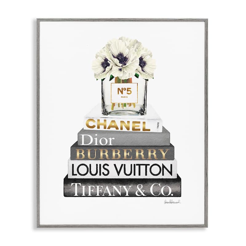 Stupell Blooming White Floral Display on Glam Designer Bookstack Framed Wall Art - Multi-Color - 24 x 30 - Grey