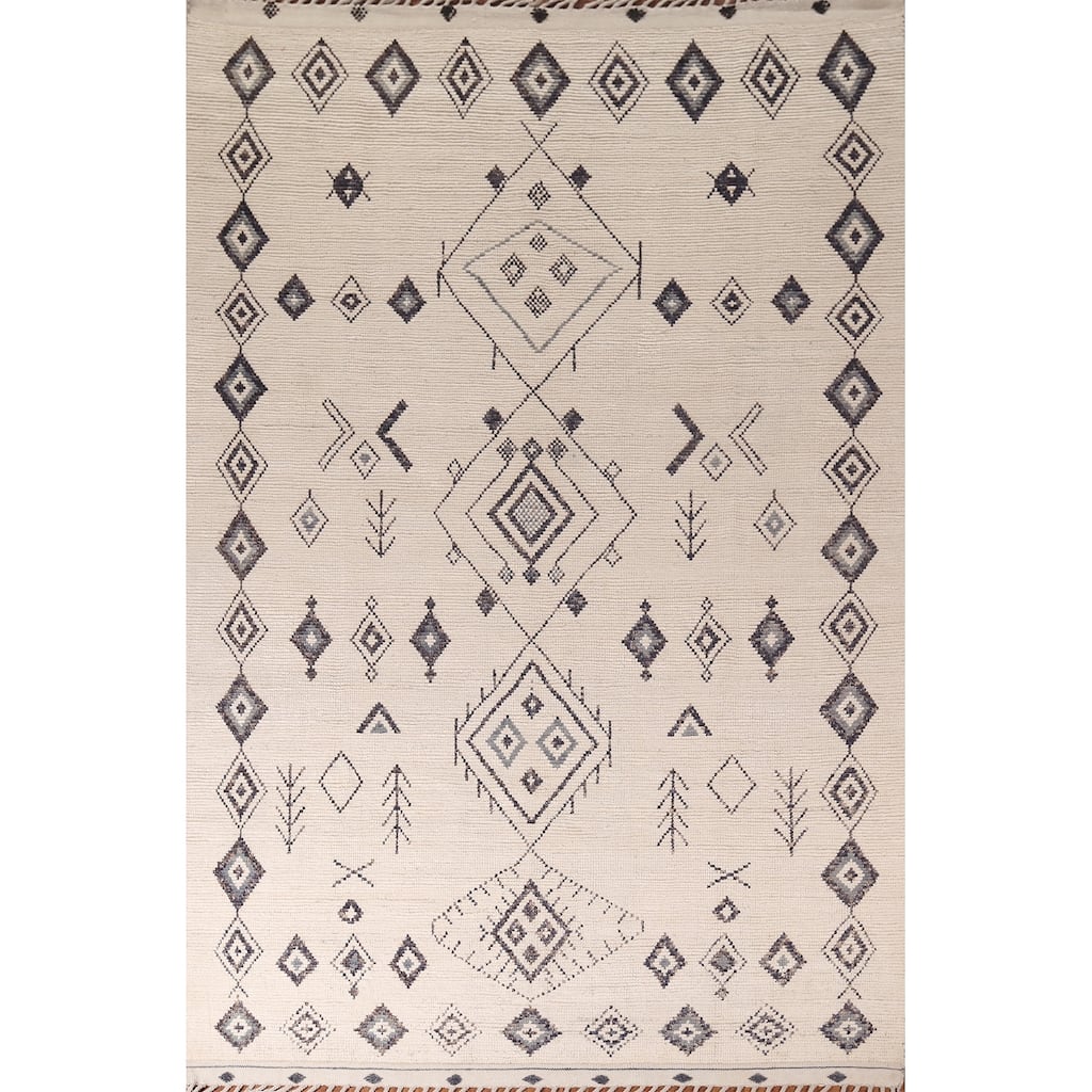 Ivory Moroccan Area Rug Hand-Knotted Wool Carpet - 7'10"x 11'9"