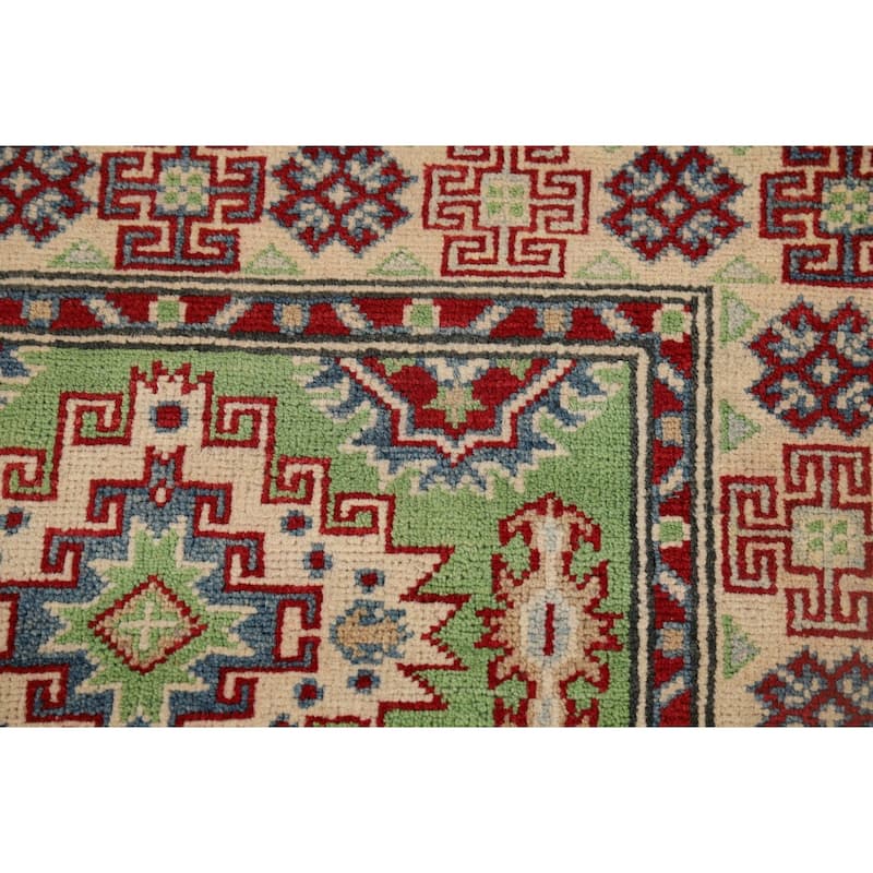 Light Green Kazak Oriental Runner Rug Hand-Knotted Wool Carpet - 2'9" x 9'7"