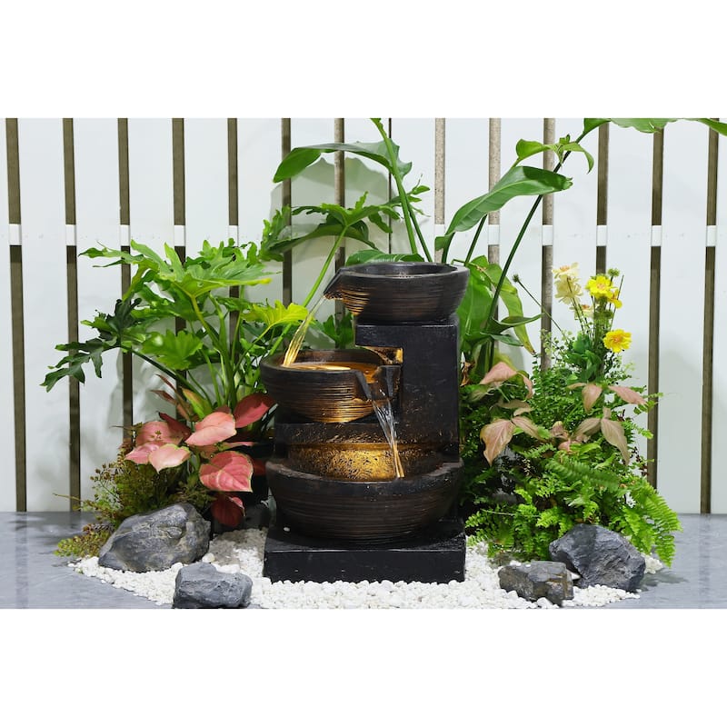 Enchanting Outdoor Fountain with 12 Warm White LED Lights Gray/Black - Black