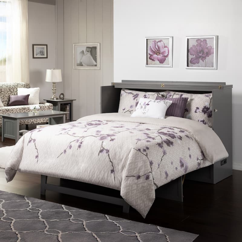 Deerfield Queen Murphy Bed Chest with 6" Mattress, Storage Drawer & Built-In Charger in Grey