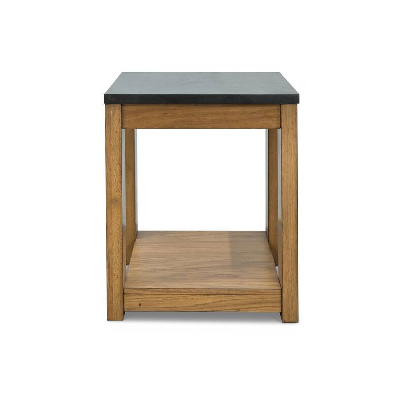 Enty Side End Table, Classic Faux Stone Top, 22 Inch Light Brown Wood