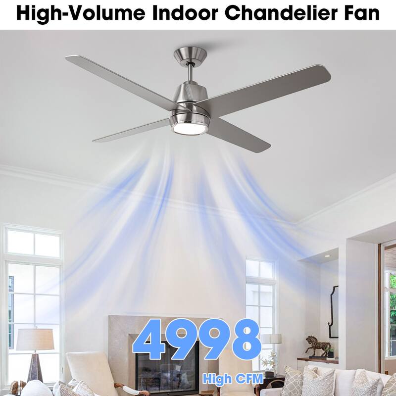 54" Brushed Nickel Plywood 4-blade Modern Ceiling Fan with Light and Wall Control