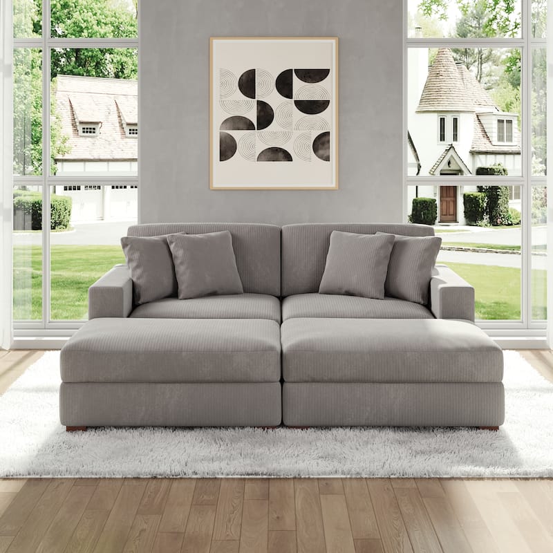 Modular Corduroy Sectional Sofa Set Chaise Couch with Ottoman
