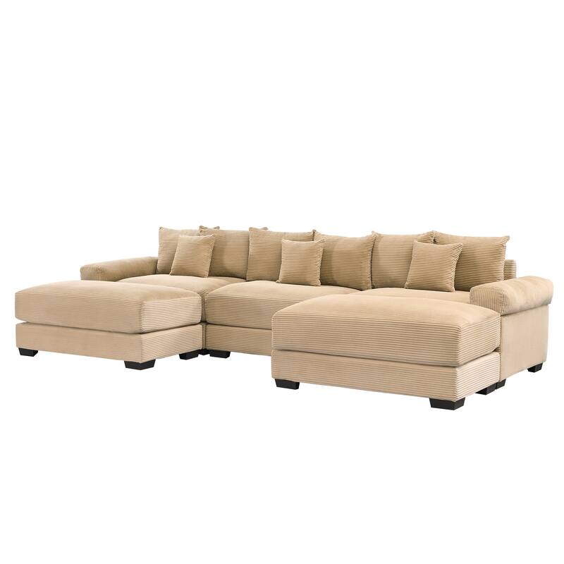 GDFStudio - Corduroy U-Shaped 3-Seater 130" Cloud Modular Sectional Couch with 2 Ottomans