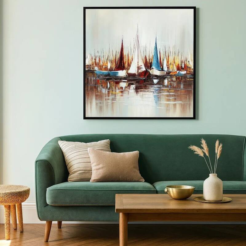 Hy 47 x 47 Hand Painted Multicolor Boats in Standing Water, Black PS Frame - White, Blue, Red, Yellow