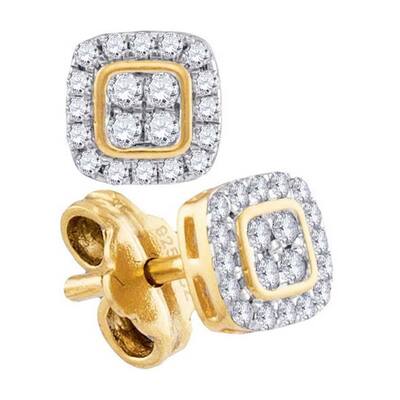 10k Yellow Gold 1/5 Carat Round Diamond Square Cluster Stud Earrings for Women