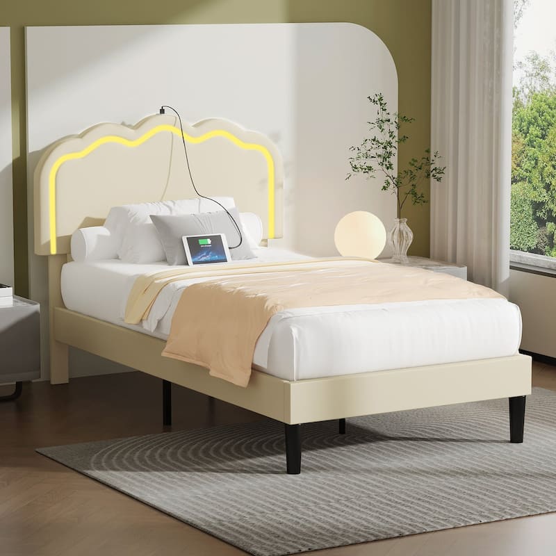 VECELO Luxury Velvet Smart Bed Frame with RGB Headboard & USB/Type-C Charging Height-Adjustable Headboard