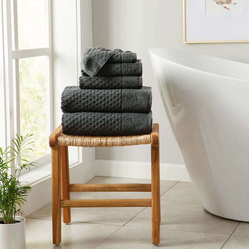 Linery & Co. Cotton Diamond Waffle Texture Bath Towels. - 6 Piece Set - Midnight