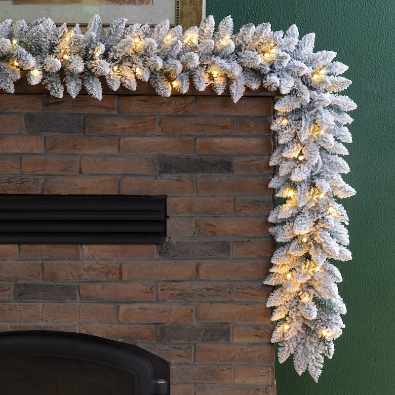 Glitzhome Snow Flocked Christmas Wreath or Garland with LED and Timer