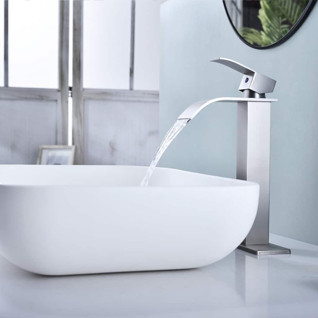 Single Handle Waterfall Bathroom Vessel Faucet with Deck Plate Stainless Steel High Vessel Sink Faucets