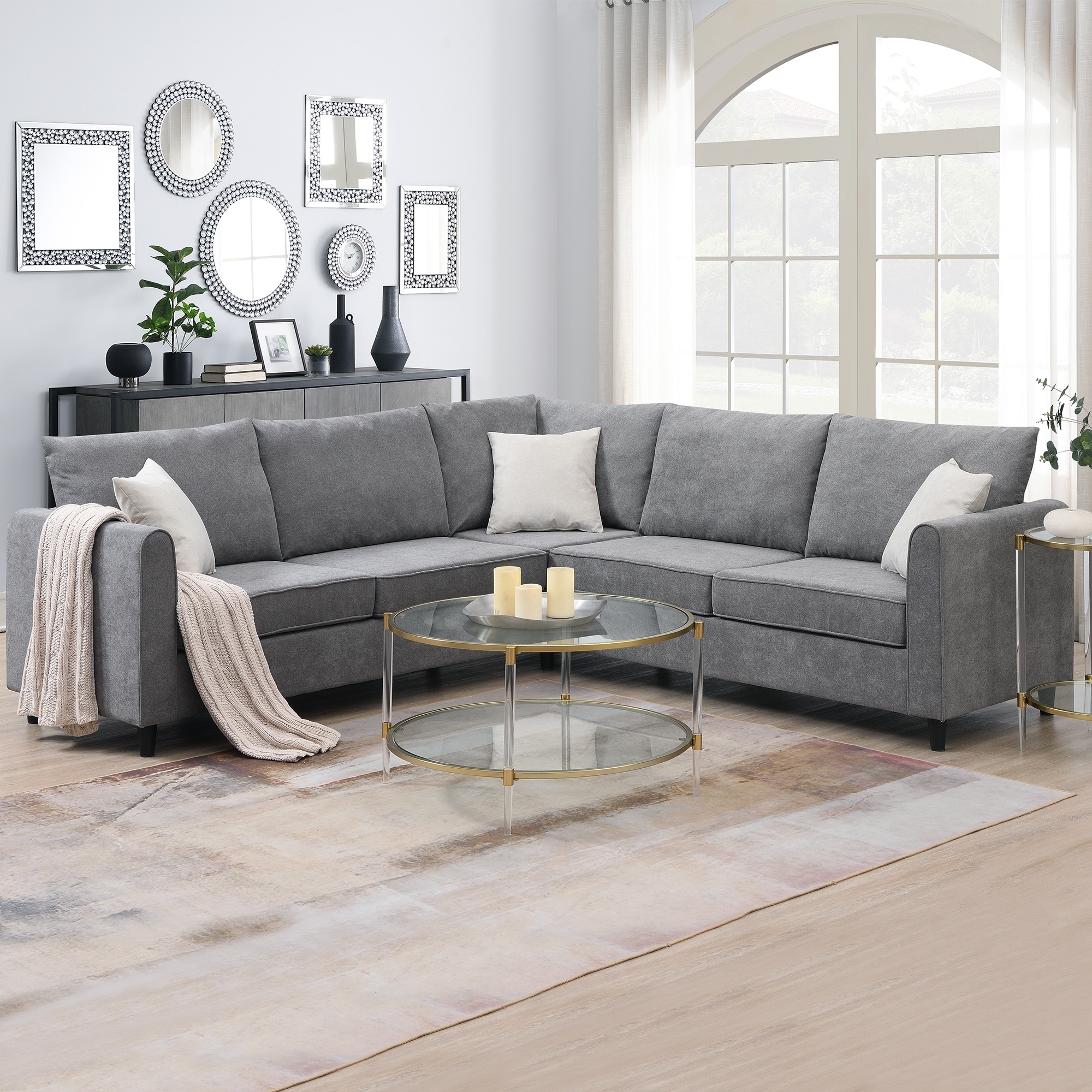 Spacious Modern Gray Sectional Sofa 3 Piece L Shape Couch Set with 3 Accent Pillows Comfortable Polyester Upholstery Grey