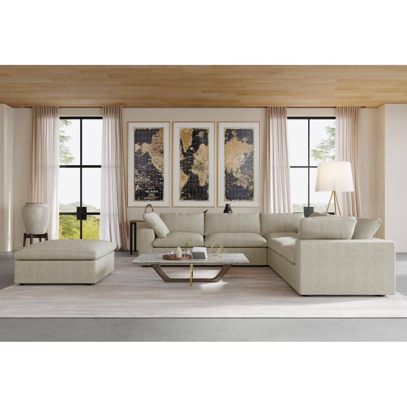 Cloud Modular Sectional Sofa, 6 Seater Corner Sofa with Pillows and Ottoman - Khaki