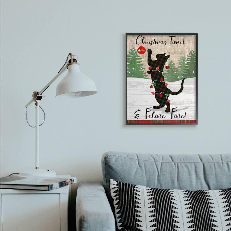 Stupell Country Holiday Christmas Time Phrase Family Cat Scene Framed Wall Art