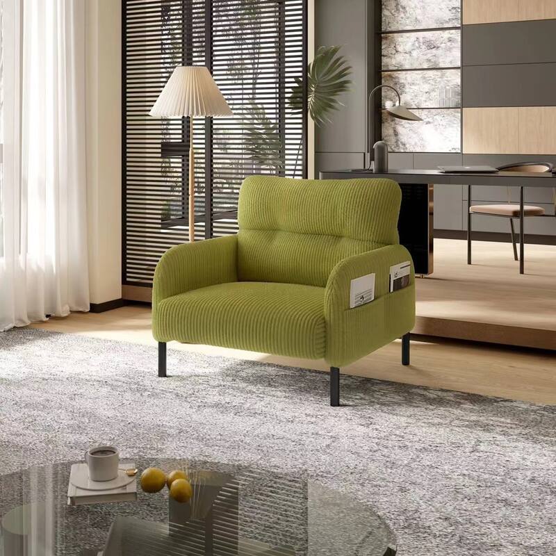 Corduroy Upholstered Single Sofa Chair, Lounge Reading Chair with Side Pockets, Armchair with Solid Wood Frame