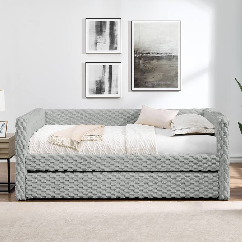 Roomfitters Twin Upholstered Daybed with Pull-Out Trundle, Corduroy Fabric Sofa Bed Frame for Living Room