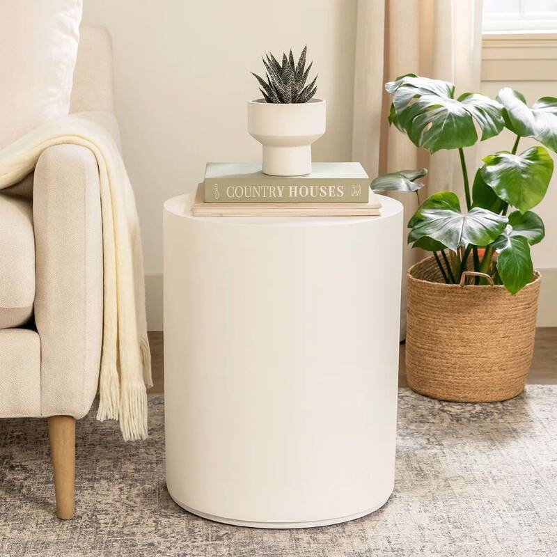 Viko Round Side End Table, White Wood Faux Concrete Finish, 20 Inch