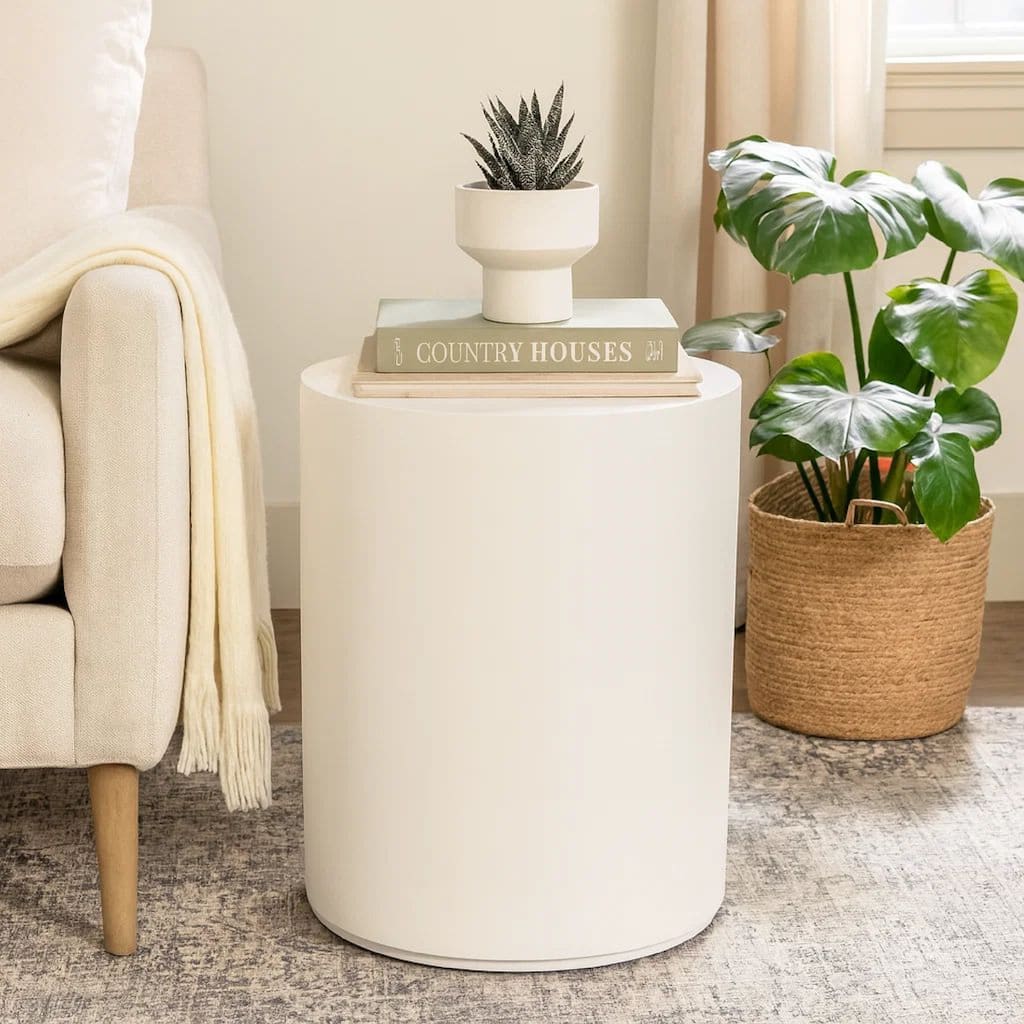 Viko Round Side End Table, White Wood Faux Concrete Finish, 20 Inch