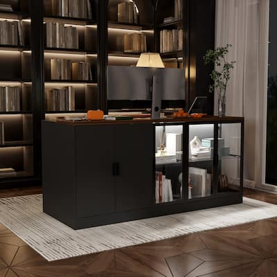 Kitchen Island and Office Desk, Ample Storage, Glass Cabinet & Drawers