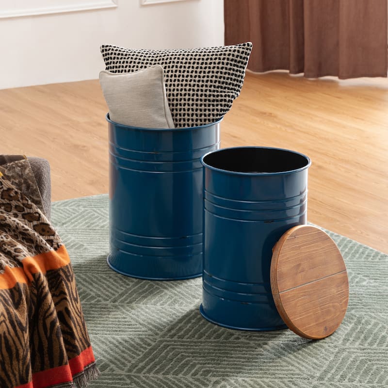 Glitzhome Industrial Farmhouse Round Storage Side Tables (Set of 2)