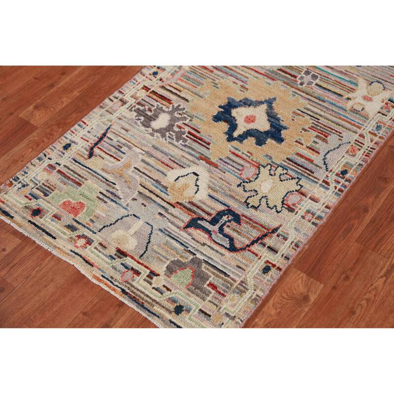 Hand Knotted Oriental 100% Wool Carpet Transitional Floral Multi-Colored Oushak Runner Rug - 9' 3'' X 2' 5''