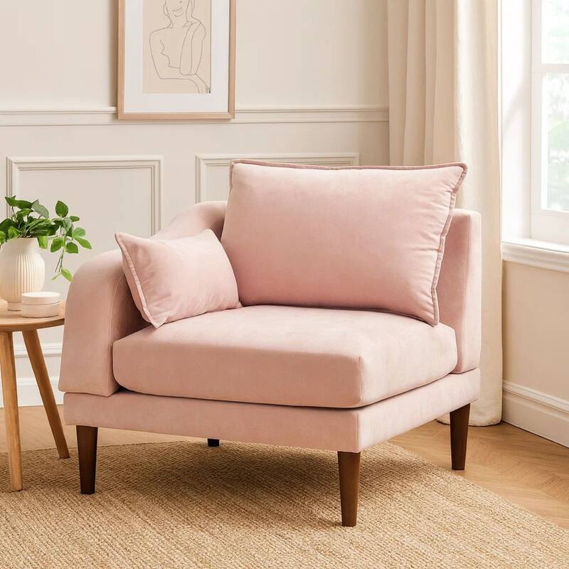 Rio 33 Inch Modular Single Arm Corner Chair, 2 Lumbar Cushions, Blush Pink