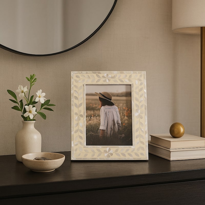 Wood Mother Of Pearl Inlay Vine Photo Frame - Ivory