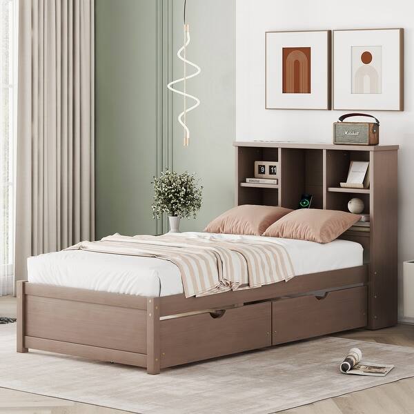 slide 2 of 15, Functional Modern Twin Bed Frame with USB Charging Bookcase Headboard And Storage Walnut
