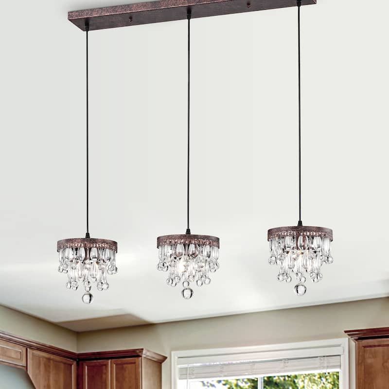 Jerri Antique Copper 3-Light 5-Tier Hanging Crystals Kitchen Island Pendant Light