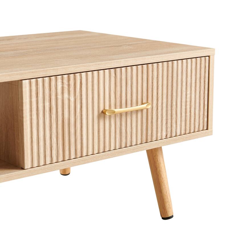 Rectangle Coffee Table with Solid Wood Legs, Sliding Drawer for Storage, Modern Table