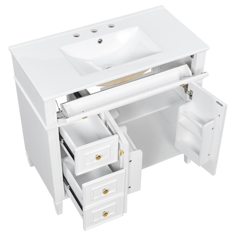 Roomfitters 36" Bathroom Vanity with Sink, Solid Wood Frame, Flip-Out Drawer, 3 Drawers & Soft-Close Doors