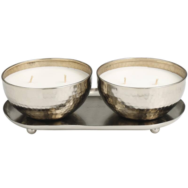 Metal Scented Hammered 12 oz 2 Wick Decorative Candle with White Wax - Set of 2 Gold, Copper, Silver - Roche River Decor - Silver