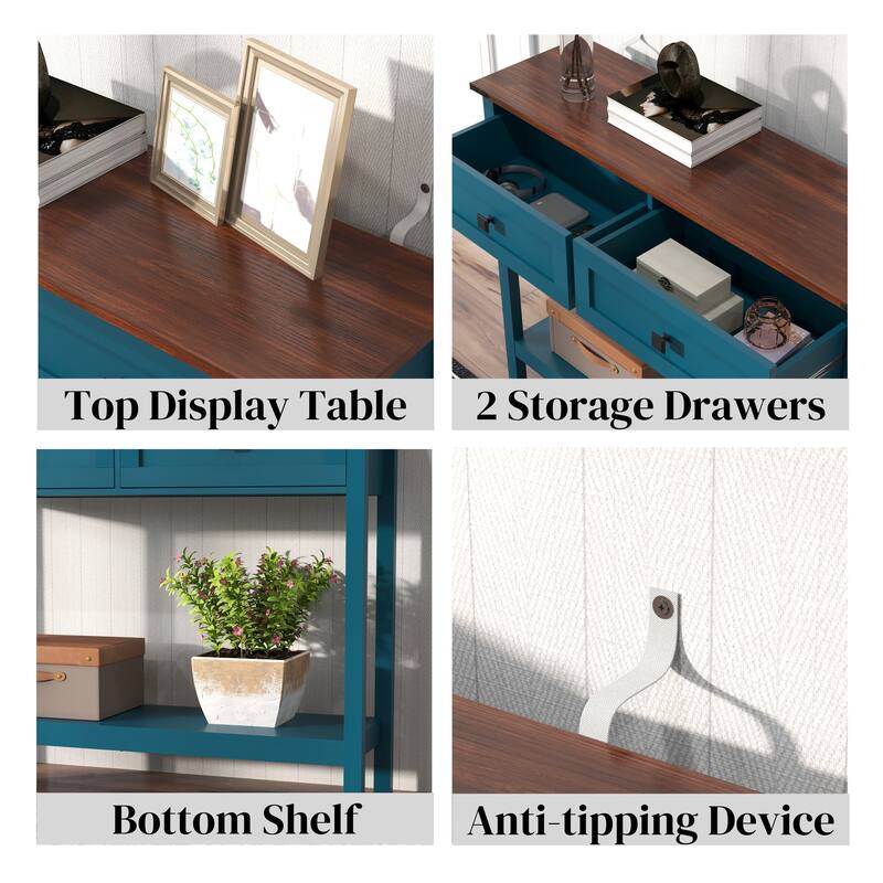 Farmhouse Style Console Table Side Table with 2 Drawer and Bottom Storage Shelf, for Living Room, Hallway