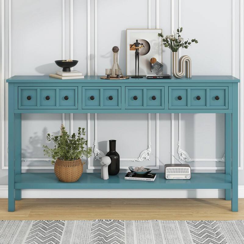60" Rustic Entryway Console Table with Two Drawers and Bottom Shelf - Turquoise Green