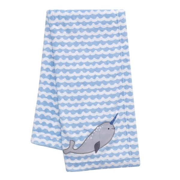 slide 2 of 6, Bedtime Originals Whales Tale Blue/White Ocean Narwhal Soft Baby Blanket