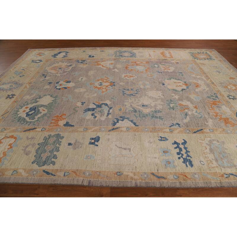 Floral Oushak Turkish Area Rug Handmade Grey Wool Carpet - 9'4"x 12'2"