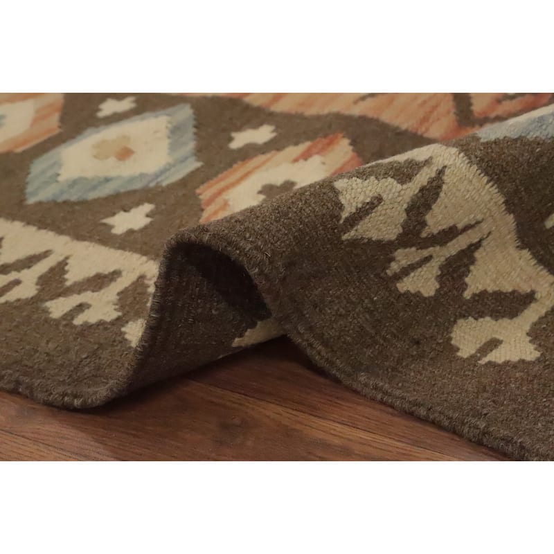 Hand Woven Oriental 100% Wool Carpet Southwestern Tribal Brown Kilim Area Rug - 9' 6'' X 6' 5''