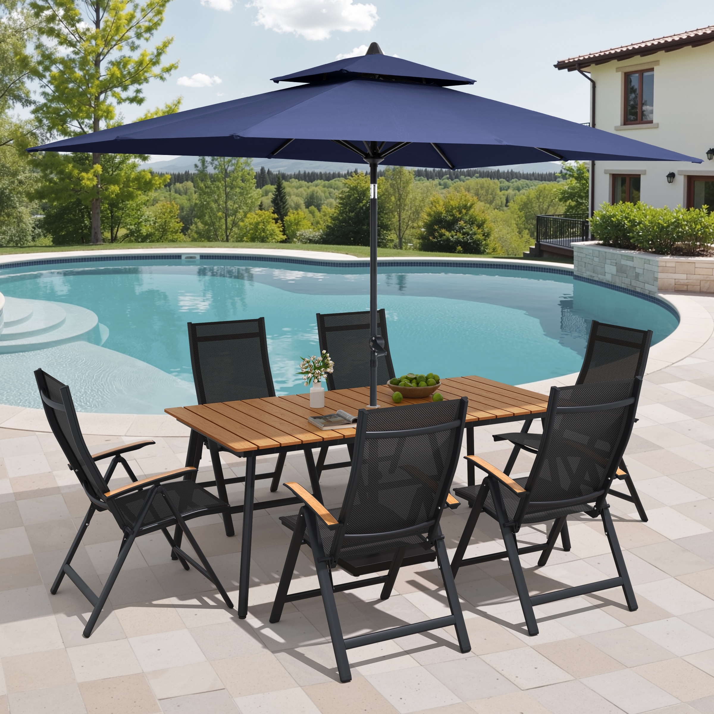 9/11-Piece Outdoor Aluminum Patio Dining Set w/10 ft Umbrella and Base, Rectangle Table and Folding Chairs