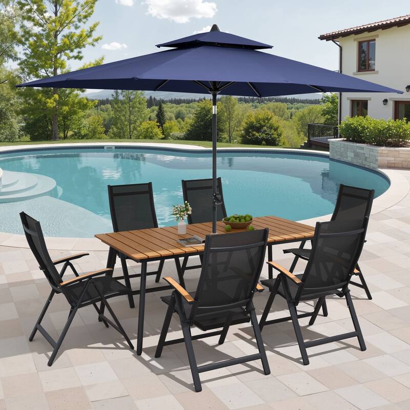 9/11-Piece Outdoor Aluminum Patio Dining Set w/10 ft Umbrella and Base, Rectangle Table and Folding Chairs - Set of 9 - Brown Table with Navy Blue Umbrella
