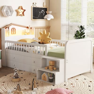 Wooden Twin Loft Bed with House Shape Headboard