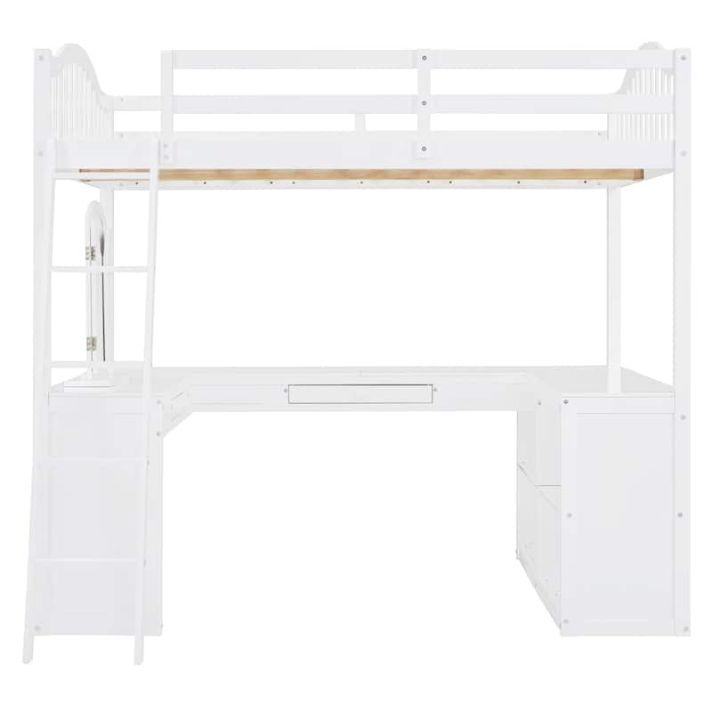 Solid Wood Loft Bed with Integrated U-Shaped Study Desk, Built-In Storage & Tri-Fold Mirror - Space-Saving White Finish.