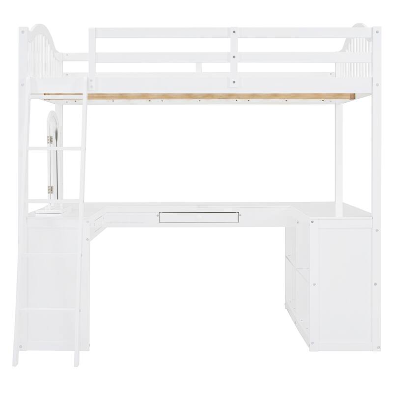 White Full Wooden Loft Bed with U-shaped Desk and Storage Compartments