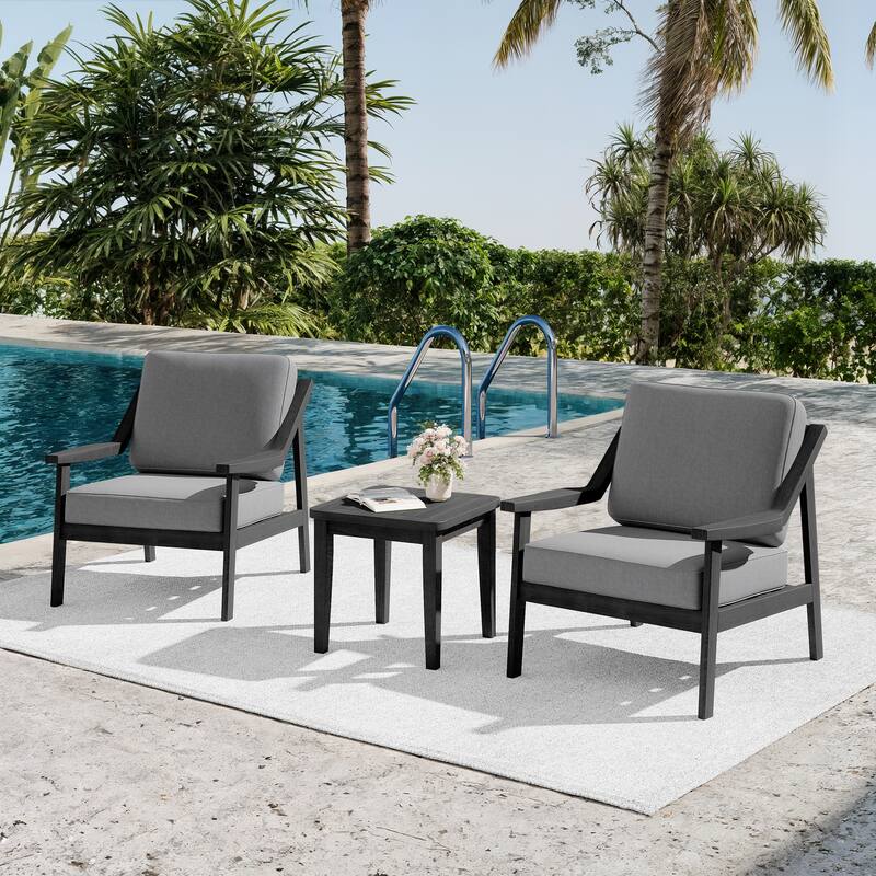 3-piece Teak Modern Cushioned Club Chairs Set Patio Bistro Set - BlackFrame-Grey
