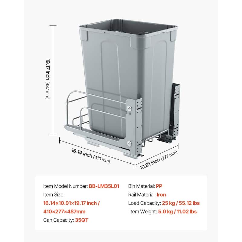 35QT Soft Close Pullout Trash Bin Under Cabinet Waste Container for Kitchen - 35-QT